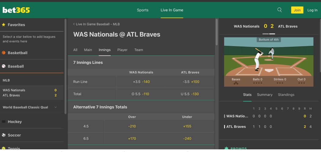 bet365 live betting screen